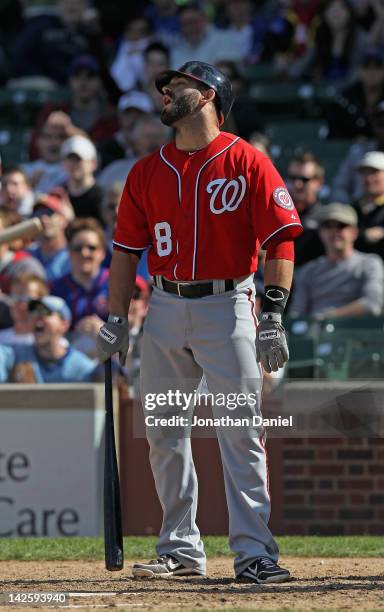 Danny Espinosa of the Washington Nationals reacts after a called third strike against the Chicago Cubs at Wrigley Field on April 8, 2012 in Chicago,...