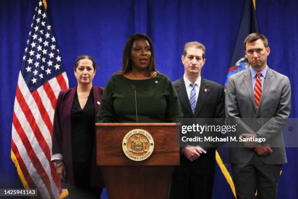 Attorney General Letitia James speaks during a press conference at the office of the Attorney General on September 21, 2022 in New York, New York. NY...