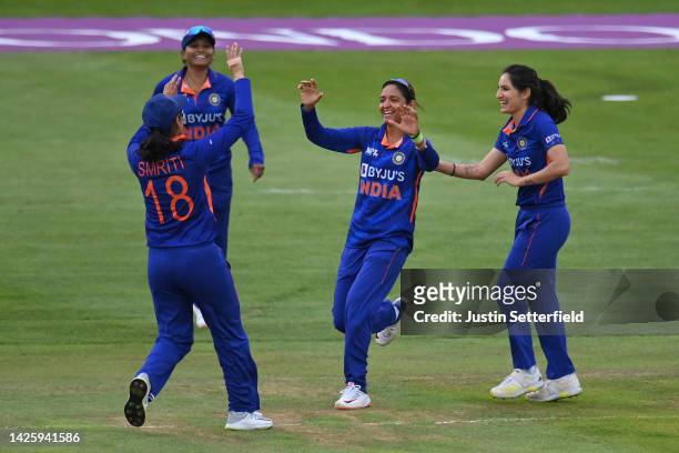 Harmanpreet Kaur of India celebrates running out Tammy Beaumont of England during the 2nd Royal London ODI between England Women and India Women at...