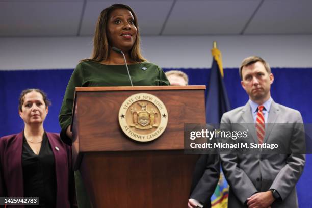 Attorney General Letitia James speaks during a press conference at the office of the Attorney General on September 21, 2022 in New York, New York. NY...
