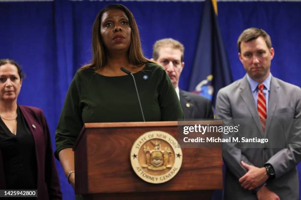 Attorney General Letitia James speaks during a press conference at the office of the Attorney General on September 21, 2022 in New York, New York. NY...