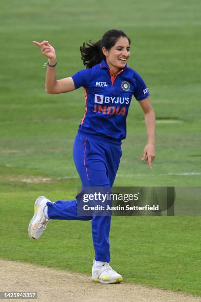 Renuka Thakur of India celebrates taking the wicket of Sophia Dunkley of England during the 2nd Royal London ODI between England Women and India...