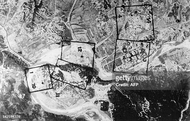 French satellite image taken in March 1994 showing an aerial view of North Korea's Yongbyon nuclear complex, 95 kilometers north of Pyongyang. The...