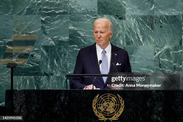 President Joe Biden speaks during the 77th session of the United Nations General Assembly at U.N. Headquarters on September 21, 2022 in New York...