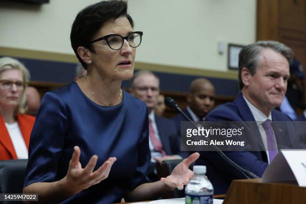 Of Citigroup Jane Fraser speaks as Chairman and CEO of Bank of America Brian Moynihan listens during a hearing before the House Committee on...