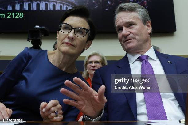 Of Citigroup Jane Fraser talks to Chairman and CEO of Bank of America Brian Moynihan prior to a hearing before the House Committee on Financial...