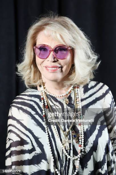 Amanda Lear is seen on the front row of the Roberto Cavalli Fashion Show during the Milan Fashion Week Womenswear Spring/Summer 2023 on September 21,...