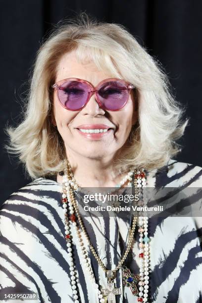 Amanda Lear is seen on the front row of the Roberto Cavalli Fashion Show during the Milan Fashion Week Womenswear Spring/Summer 2023 on September 21,...