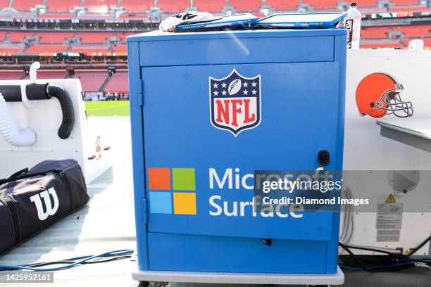 Closeup view of a Microsoft Surface station prior to a game between the New York Jets and the Cleveland Browns at FirstEnergy Stadium on September...