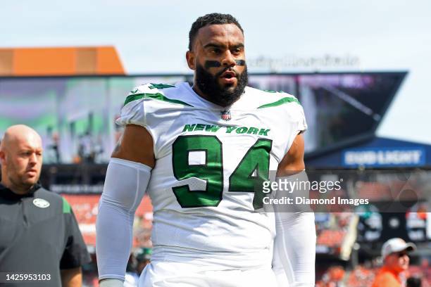 Solomon Thomas of the New York Jets walks off the field prior to a game against the Cleveland Browns at FirstEnergy Stadium on September 18, 2022 in...