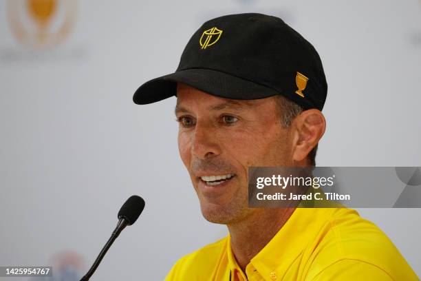 Assistant Captain Mike Weir of the International Team takes part in a press conference during a practice round prior to the 2022 Presidents Cup at...