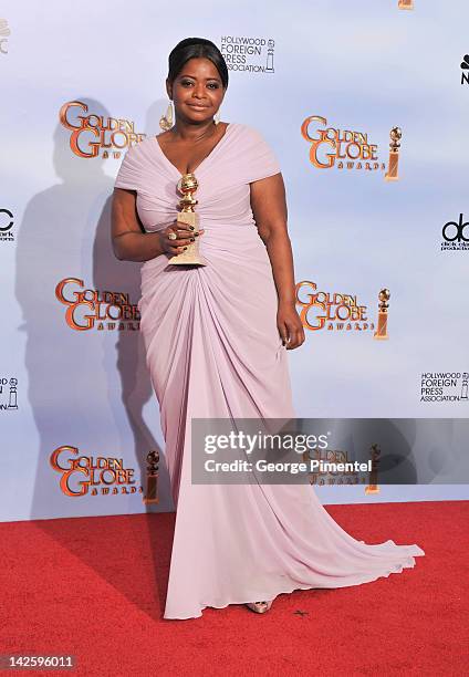 Actress Octavia Spencer poses in the press room at the 69th Annual Golden Globe Awards held at The Beverly Hilton hotel on January 15, 2012 in...