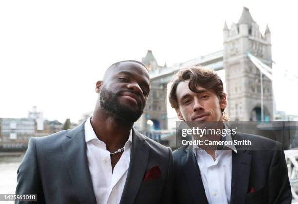 Frances Tiafoe and Alex De Minaur of Team World pose for a photograph in front of Tower Bridge ahead of the Laver Cup at The O2 Arena on September...