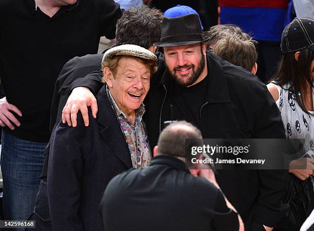 Jerry Stiller and Kevin James attend the Chicago Bulls vs New York Knicks game at Madison Square Garden on April 8, 2012 in New York City.