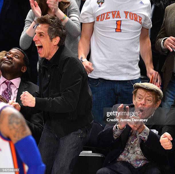 Ben Stiller and Jerry Stiller attend the Chicago Bulls vs New York Knicks game at Madison Square Garden on April 8, 2012 in New York City.