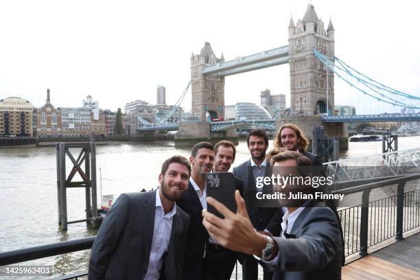 Cam Norrie, Novak Djokovic, Andy Murray, Matteo Berrettini, Stefanos Tsitsipas and Roger Federer of Team Europe take a selfie in front of Tower...