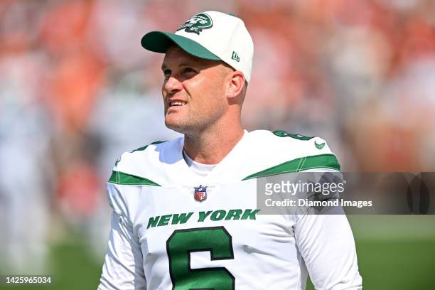 Greg Zuerlein of the New York Jets looks on during the first half against the Cleveland Browns at FirstEnergy Stadium on September 18, 2022 in...