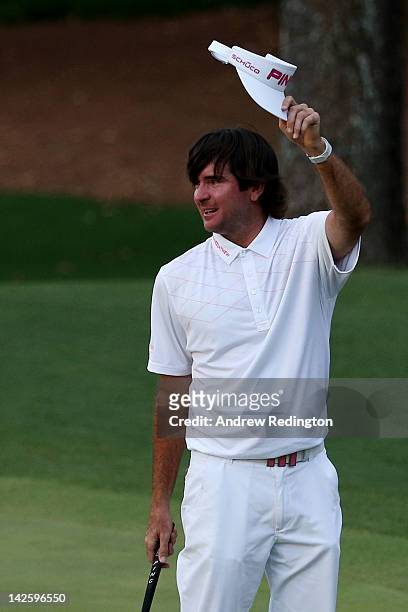 Bubba Watson of the United States reacts after winning his sudden death playoff on the second playoff hole to win the 2012 Masters Tournament by one...