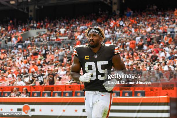 Myles Garrett of the Cleveland Browns runs onto the field at halftime against the New York Jets at FirstEnergy Stadium on September 18, 2022 in...