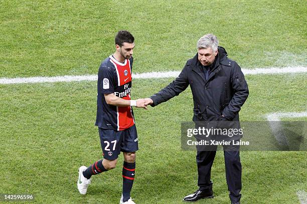 Javier Pastore and Carlo Ancelotti of Paris Saint-Germain during the French Ligue 1 between Paris Saint-Germain and Olympique de Marseille at Parc...