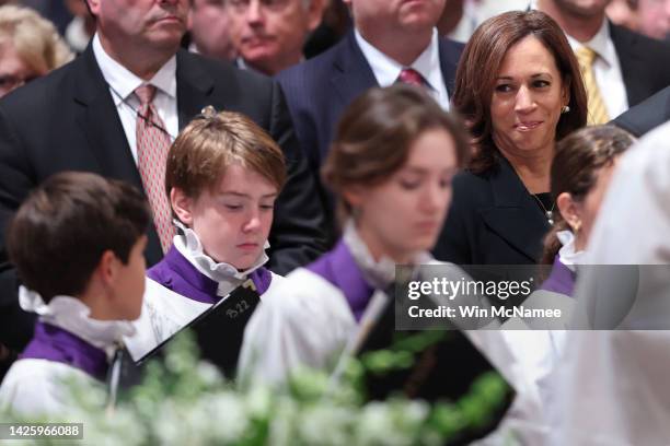 Vice President Kamala Harris attends a memorial service for the late Queen Elizabeth II at the National Cathedral on September 21, 2022 in...