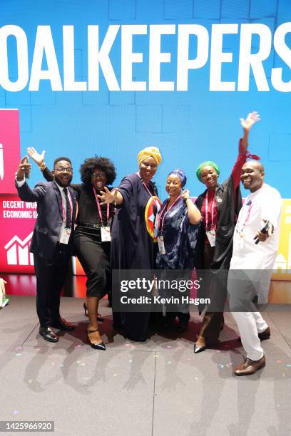 As world leaders gather in New York for the UN General Assembly, Goalkeepers group poses onstage during The Goalkeepers 2022 Global Goals Awards,...