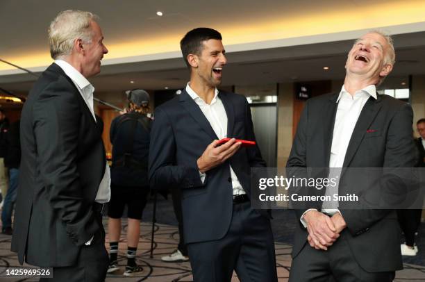 Novak Djokovic of Team Europe and John McEnroe, Captain of Team World speak ahead of the Laver Cup at The O2 Arena on September 21, 2022 in London,...