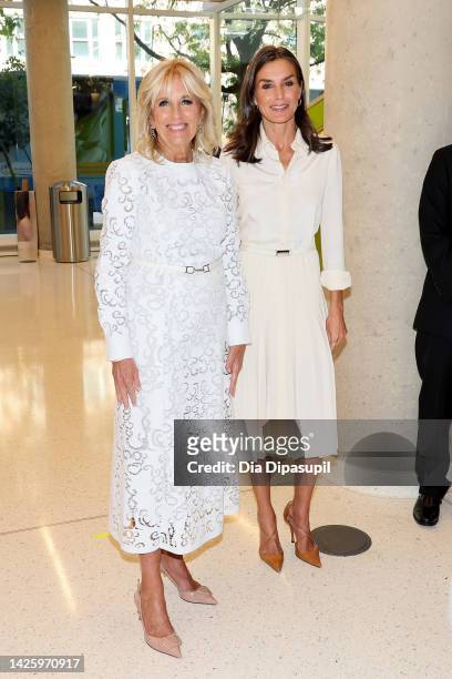 First Lady Jill Biden and Queen Letizia of Spain, Honorary President of the Spanish Association Against Cancer, visit Columbia University Irving...