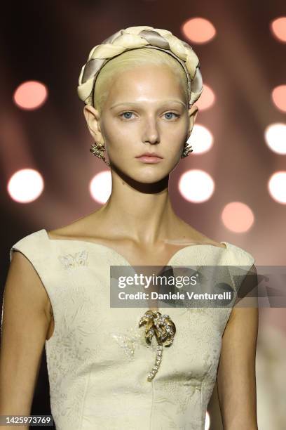 Model walks the runway of the Roberto Cavalli Fashion Show during the Milan Fashion Week Womenswear Spring/Summer 2023 on September 21, 2022 in...