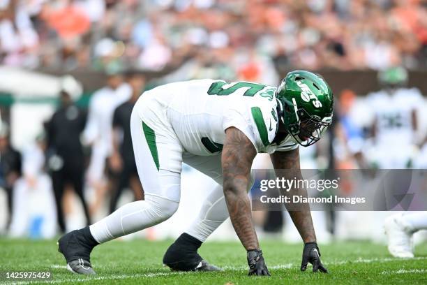 Quinnen Williams of the New York Jets waits for the snap during the second half against the Cleveland Browns at FirstEnergy Stadium on September 18,...