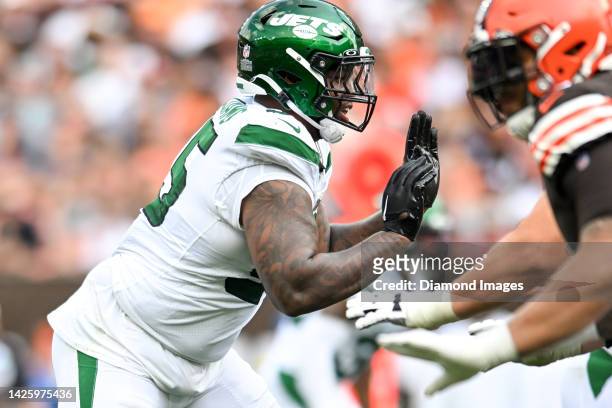 Quinnen Williams of the New York Jets rushes the line of scrimmage during the second half against the Cleveland Browns at FirstEnergy Stadium on...
