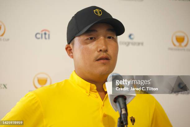 Lee of South Korea and the International Team takes part in a press conference during a practice round prior to the 2022 Presidents Cup at Quail...