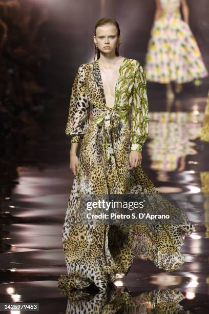 Model walks the runway of the Roberto Cavalli Fashion Show during the Milan Fashion Week Womenswear Spring/Summer 2023 on September 21, 2022 in...