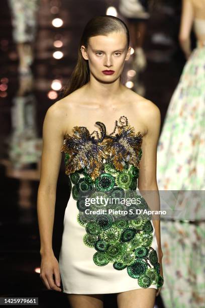 Model walks the runway of the Roberto Cavalli Fashion Show during the Milan Fashion Week Womenswear Spring/Summer 2023 on September 21, 2022 in...