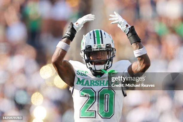 Andre Sam of the Marshall Thundering Herd reacts against the Notre Dame Fighting Irish during the second half at Notre Dame Stadium on September 10,...