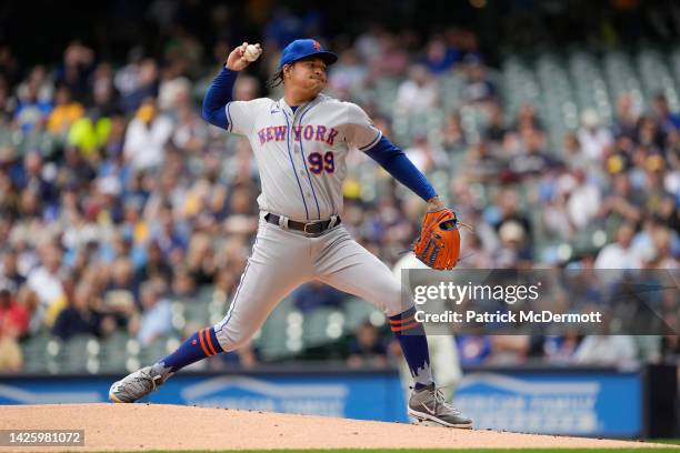 Taijuan Walker of the New York Mets throws a pitch against the Milwaukee Brewers in the first inning during a game at American Family Field on...