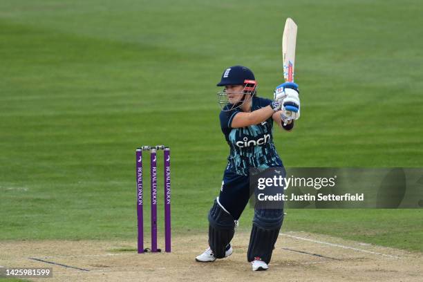 Alice Capsey of England plays a shot during the 2nd Royal London ODI between England Women and India Women at The Spitfire Ground on September 21,...