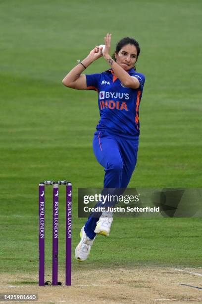 Renuka Thakur of India bowls during the 2nd Royal London ODI between England Women and India Women at The Spitfire Ground on September 21, 2022 in...