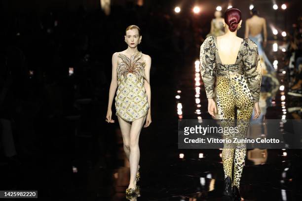 Models walk the runway of the Roberto Cavalli Fashion Show during the Milan Fashion Week Womenswear Spring/Summer 2023 on September 21, 2022 in...