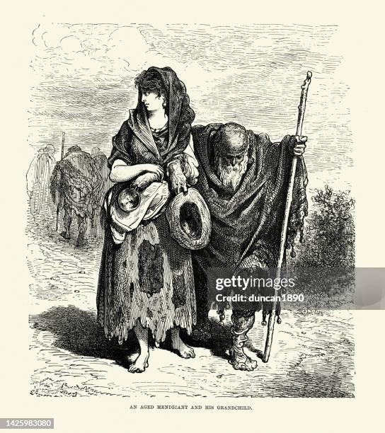 bildbanksillustrationer, clip art samt tecknat material och ikoner med an aged medicant and his grandchild, velez malaga, andalusia, spain, 19th century illustrated by gustave dore - malaga