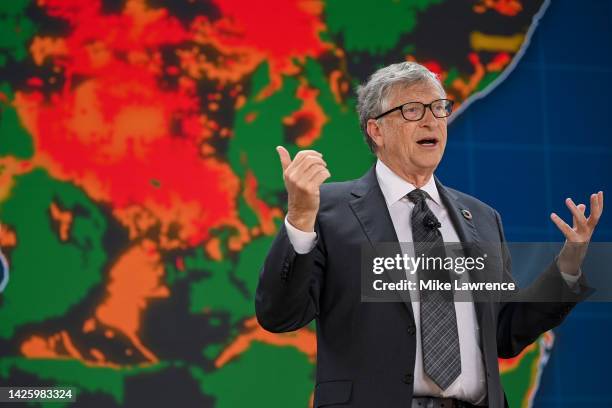 As world leaders gather in New York for the UN General Assembly, Bill Gates speaks onstage during The Goalkeepers 2022 Global Goals Awards, hosted by...