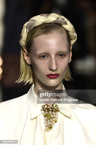 Model walks the runway of the Roberto Cavalli Fashion Show during the Milan Fashion Week Womenswear Spring/Summer 2023 on September 21, 2022 in...