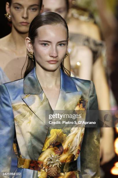 Models walk the runway of the Roberto Cavalli Fashion Show during the Milan Fashion Week Womenswear Spring/Summer 2023 on September 21, 2022 in...