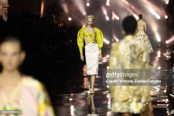 Models walk the runway of the Roberto Cavalli Fashion Show during the Milan Fashion Week Womenswear Spring/Summer 2023 on September 21, 2022 in...