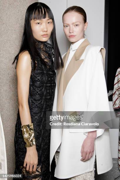 Models pose backstage at the Calcaterra Fashion Show during the Milan Fashion Week Womenswear Spring/Summer 2023 on September 21, 2022 in Milan,...