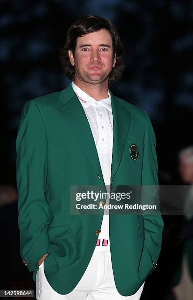 Bubba Watson of the United States looks on after his one-stroke playoff victory to win the 2012 Masters Tournament during the green jacket...