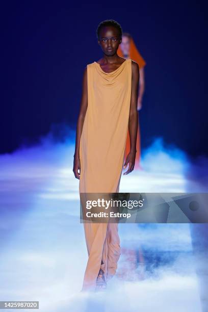 Model walks the runway of the Alberta Ferretti Fashion Show during the Milan Fashion Week Womenswear Spring/Summer 2023 on September 21, 2022 in...