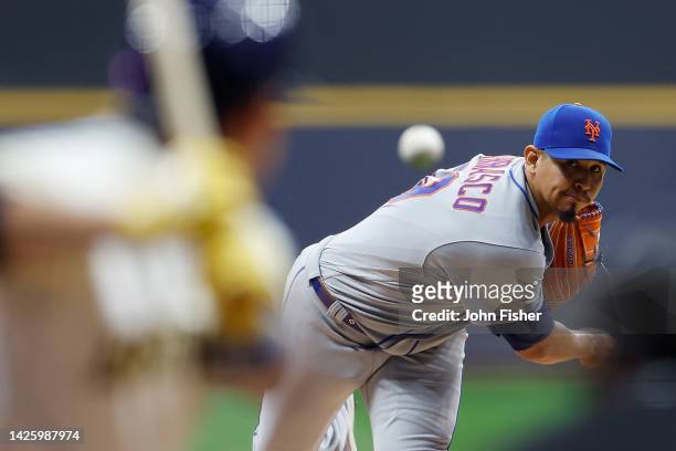 Carlos Carrasco of the New York Mets throws a pitch during the game against the Milwaukee Brewers at American Family Field on September 20, 2022 in...