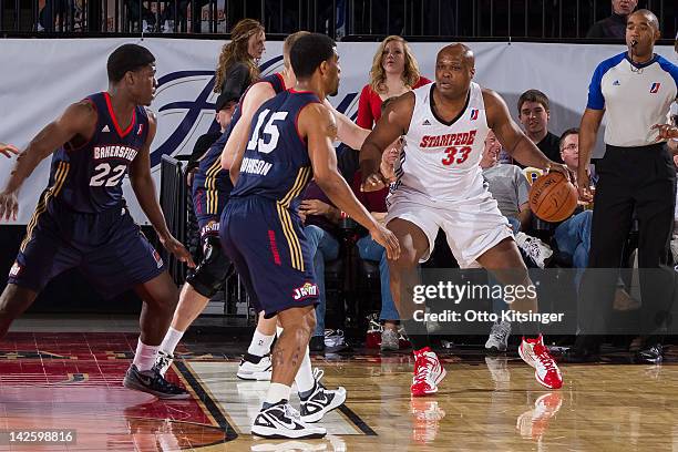 Antoine Walker of the Idaho Stampede protects the ball against the Bakersfield Jam on April 7, 2012 at CenturyLink Arena in Boise, Idaho. NOTE TO...