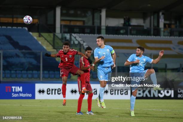 Matteo Vitaioli of San Marino heads goalwards during the Friendly International match between San Marino and Seychelles at San Marino Stadium on...